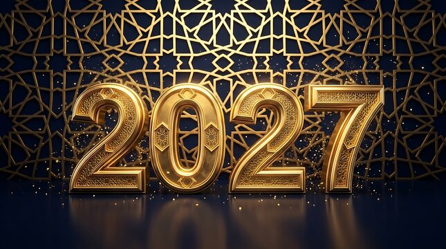 Luxury Gold 2027 Typography with Islamic Patterns Background for Design