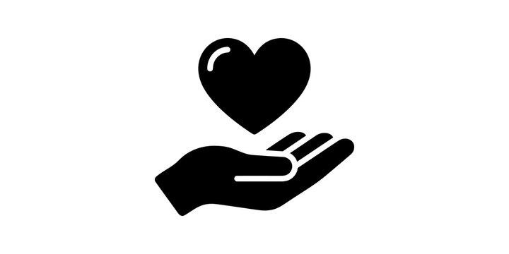 Hand holding heart icon, charity donation giving and kindness symbol