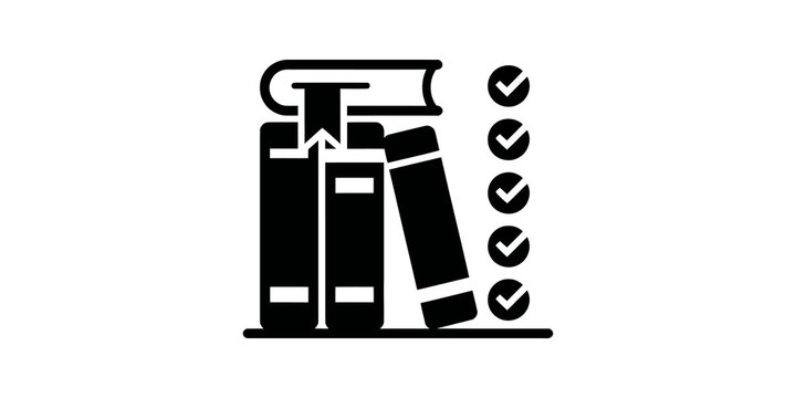 Stack of books with checklist icon, education and library organization symbol