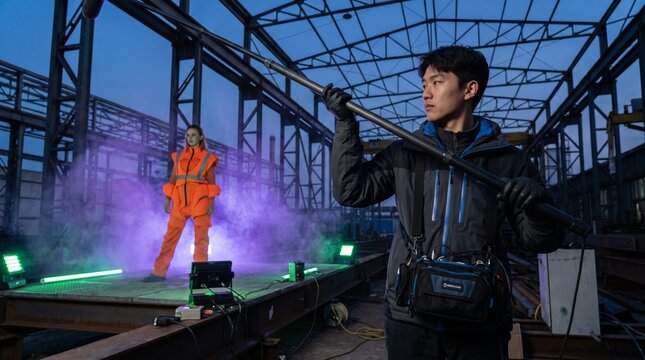 Sound recordist captures a futuristic night scene