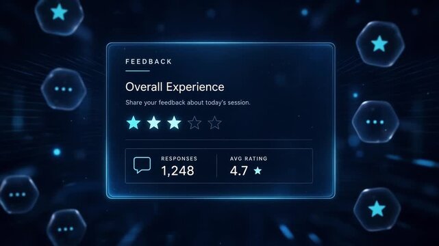 Overall Experience Feedback Rating Stars and User Interaction Metrics Displayed with Futuristic Digital Interface
