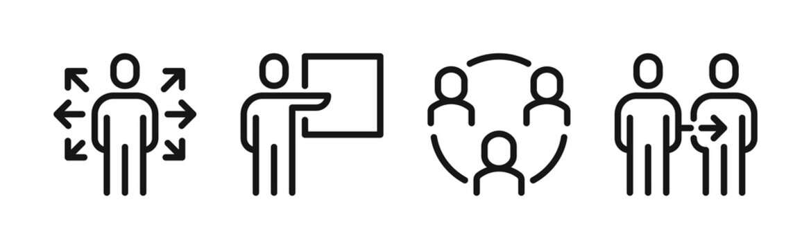 Business communication and teamwork line icons, presentation, collaboration, networking and people interaction symbols, professional group and organizational flat vector illustration.