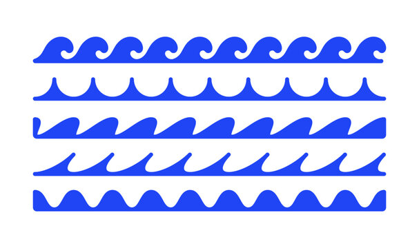 Flowing wave line collection, abstract ocean currents and liquid ripple forms, smooth curved strokes for borders, dividers and decorative patterns, blue flat vector illustration.