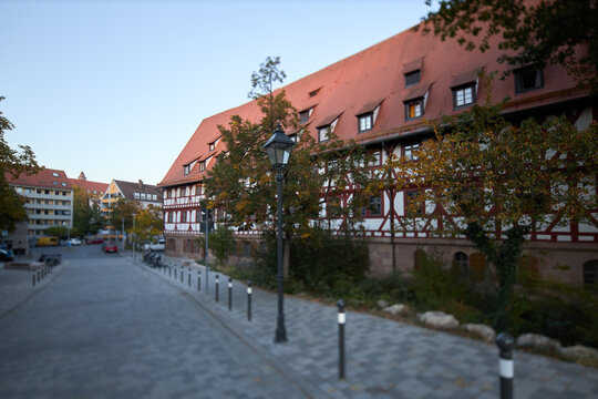 Traditional half-timbered architecture along a quiet street in the historic city of Nuremberg