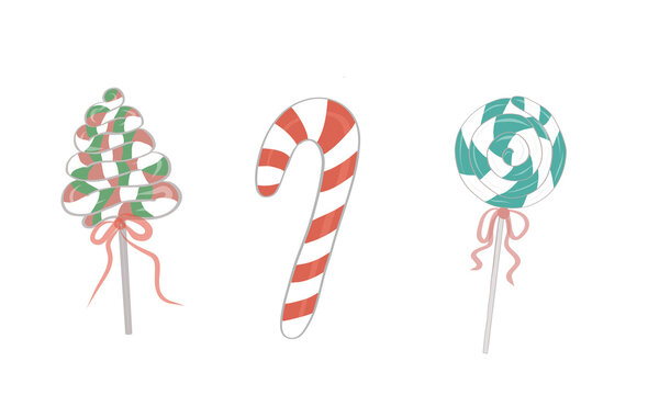 Isolated Christmas candy cane lollipop set cutout design element on