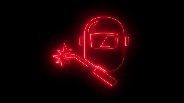 glowing neon Welding icon isolated on black background. welding helmet and welding torch icon, industrial welder. Ideal for safety equipment and industrial protection visuals. 4k video animation.