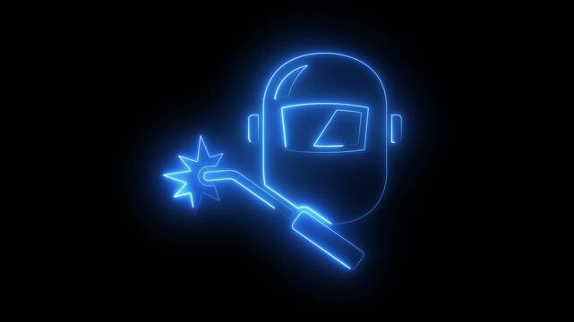 glowing neon Welding icon isolated on black background. welding helmet and welding torch icon, industrial welder. Ideal for safety equipment and industrial protection visuals. 4k video animation.