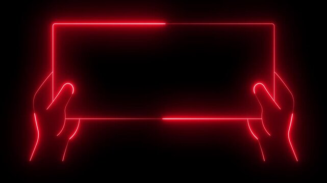 glowing neon hands holding up a blank rectangle business card icon isolated on black background. Hands holding a frame against a with business presentation. 4k video animation.