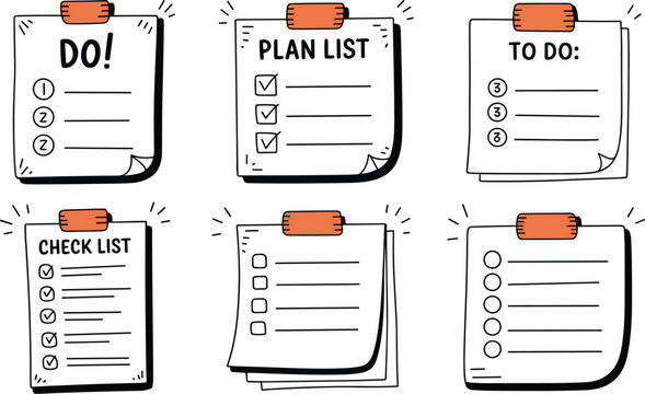Hand drawn to do list and checklist icons with orange clip