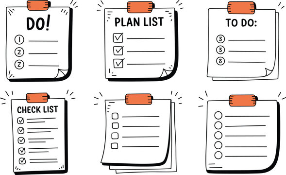 Hand drawn to do list and checklist icons with orange clip