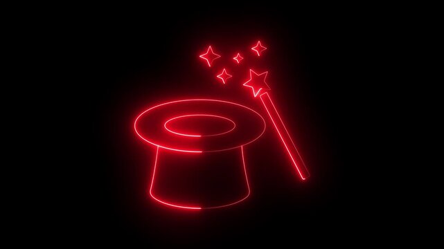 glowing neon magician top hat icon with a magic wand and glittering star sparkles on black background. Magic wand, magic hat set star wand, magical stardust. 4k video animation.