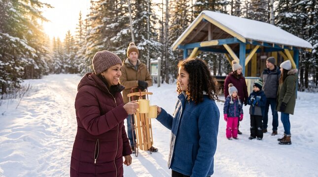 Community group pauses at a forest winter rest stop