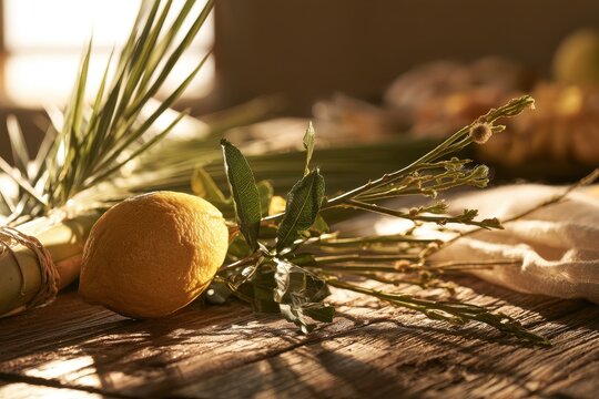 Close-Up Still Life of Sukkot Elements: Etrog, Lulav, Hadas and Arava Bound Together