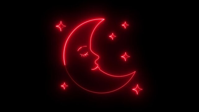 glowing neon smiling crescent moon face icon in space on black background. Cute sleeping crescent moon with smiling face and starry night. 4k video animation.