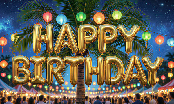 Golden balloons spelling HAPPY BIRTHDAY hang in front of a palm tree adorned with colorful lanterns, amidst a vibrant nighttime celebration with a crowd of people.