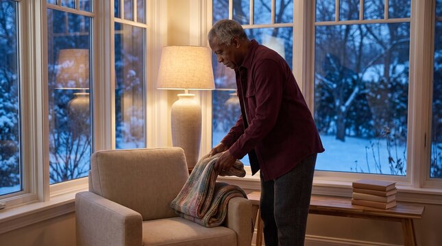 Senior man prepares a calm winter reading nook