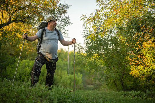 A hiker is walking through the forest with trekking poles. A traveler with a backpack has stepped out into a forest clearing.