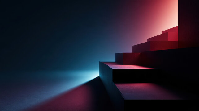 Abstract staircase with illuminated steps ascending toward bright light, symbolizing progress, success, future strategy and ambitious growth