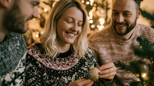 Woman decorating a christmas tree with friends while holding an ornament during a joyful festive holiday gathering