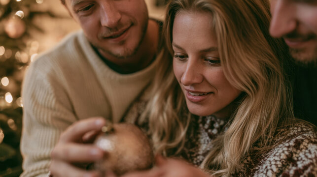 Woman holding a textured christmas ornament with friends beside a festive tree during a warm holiday celebration