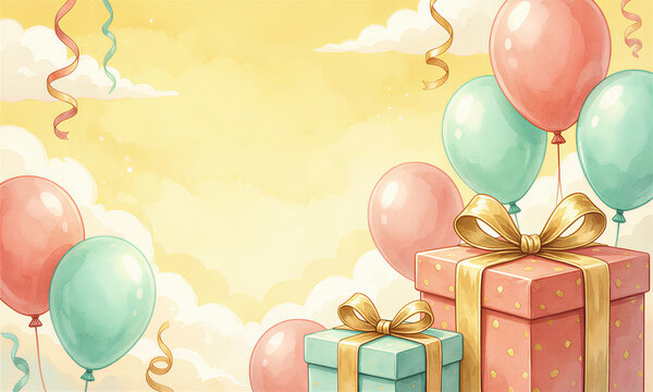 Colorful balloons and gifts celebrate a birthday with ribbons and bows.