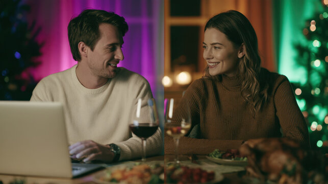 Long-distance couple sharing christmas dinner through video call on laptops while enjoying festive meals in separate homes