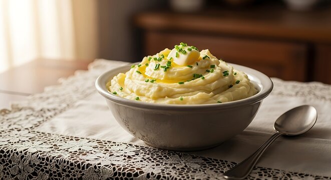 A ceramic bowl of creamy mashed potatoes topped with melted butter with chives lace tablecloth potatoes served white