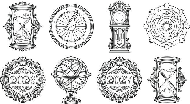 Vintage Astrological Timepiece Icon Set with Hourglass, Sundial, Grandfather Clock, and 2027 New Year Celestial Symbols for Antique Branding Designs