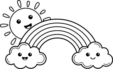 Obraz premium Charming cartoon sun rainbow and clouds illustration for childrens designs