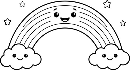 Obraz premium Cute cartoon rainbow with smiling face and fluffy clouds black and white
