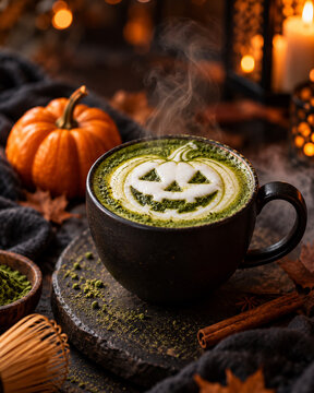 Cozy Halloween matcha latte cute organic matcha latte art in a ceramic mug, surrounded by candlelight, pumpkin and autumn decor. Seasonal drink in a cafe.