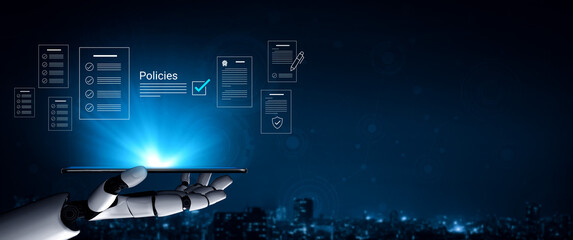 A robotic hand presents a tablet showing important policies and documents, illuminated by blue...