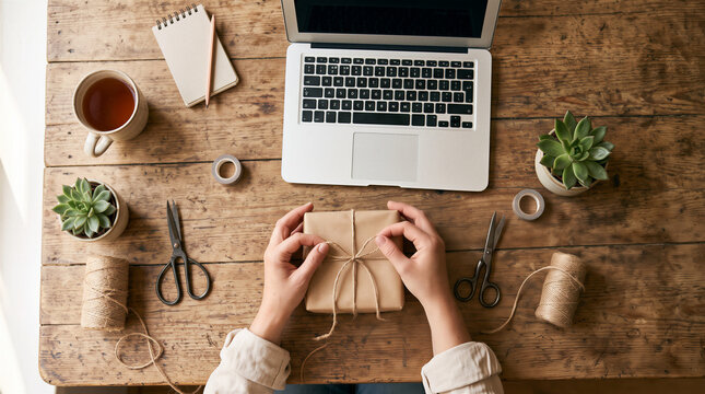 Slow living and handcraft wrapped gift on wooden desk