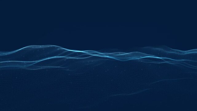 Abstract 3d animation of glowing blue particle waves flowing across a dark digital landscape with smooth undulating motion and futuristic mood for background use