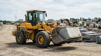 Fototapeta premium Yellow front-end loader transports heavy granite block at construction site in bright daylight