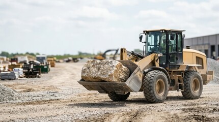 Fototapeta premium Heavy-duty front-end loader moving large limestone rock on a bright construction site, construction logistics and material handling