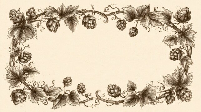 Hand-drawn hop vines frame with leaves and cones in sepia ink