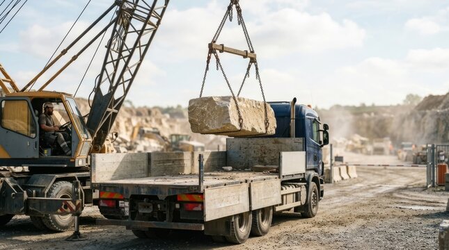 Crane lifts large stone block onto flatbed truck at quarry with driver in cab