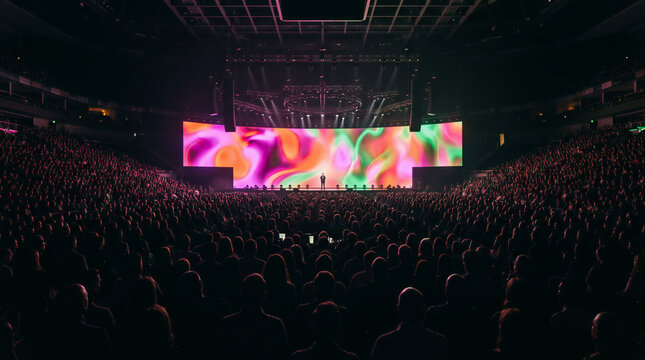 Audience watching a presentation on a large screen in arena