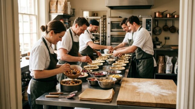 Bakery Team Prepares Fruit Pies with Fresh Ingredients on Stainless Steel Countertop in Natural Daylight