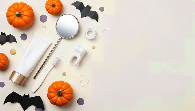 Halloween dental flat lay featuring toothbrushes, toothpaste, dental mirror, small pumpkins and black bat decorations on a bright neutral background, with generous clean copy space on the right.