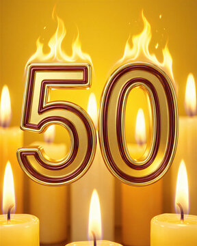 Golden number 50 with red outline surrounded by lit candles on birthday.