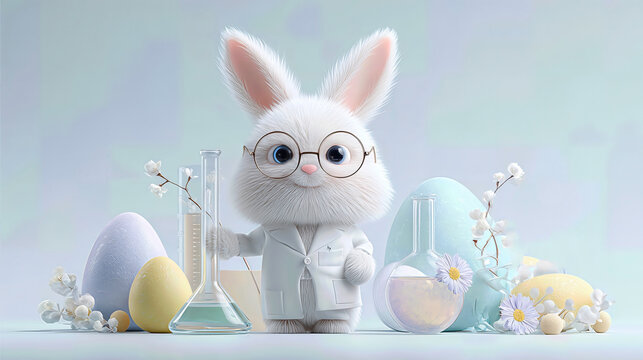 cute white bunny character wearing a white lab coat, standing among pastel Easter eggs, glass laboratory flasks, and pussy willow branches on a blue background. easter bunny, scientist rabbit, 
