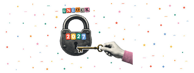 Hand holds a key beside a 2027 padlock and Unlock lettering for New Year opportunity campaigns, business greetings and motivational posters © N R B