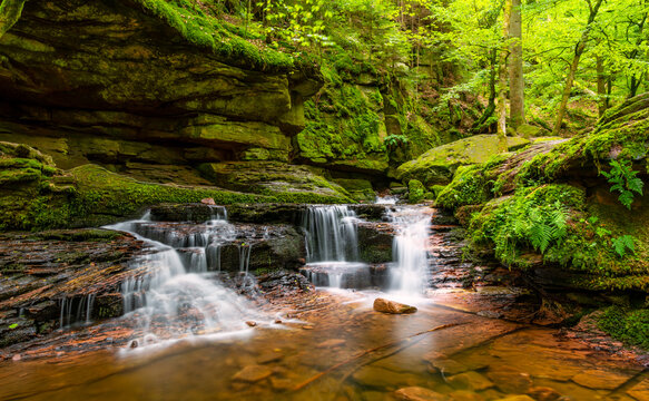 Picturesque cascades flowing over layered rocks in the lush green Monbach Valley in the Black Forest, Baden-W&uuml;rttemberg, Germany.