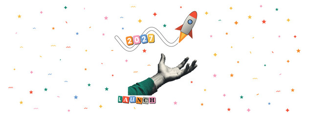 Rocket launches above an open hand with 2027 lettering for New Year startup campaigns, business growth posters and motivational greetings © N R B