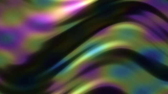 Abstract iridescent holographic waves in purple, yellow green, cyan and pink with dark bands, flowing smoothly from right to left like an oil slick shimmer on a soft, blurred background