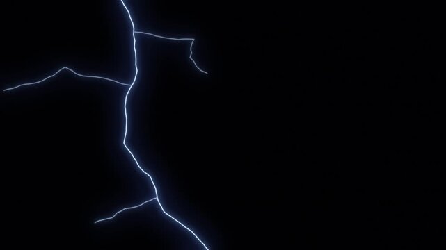 Branching blue white lightning bolts flashing and flickering on a black background, striking in turn on the left and right sides of the frame and fading into darkness like a night storm