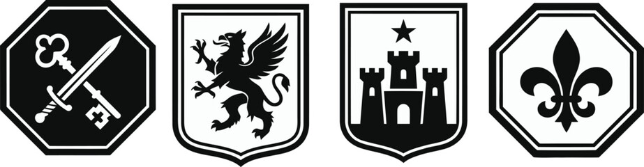 Set of four vintage heraldic emblems featuring a sword key griffin castle and fleur de lis symbols © HOSSAIN