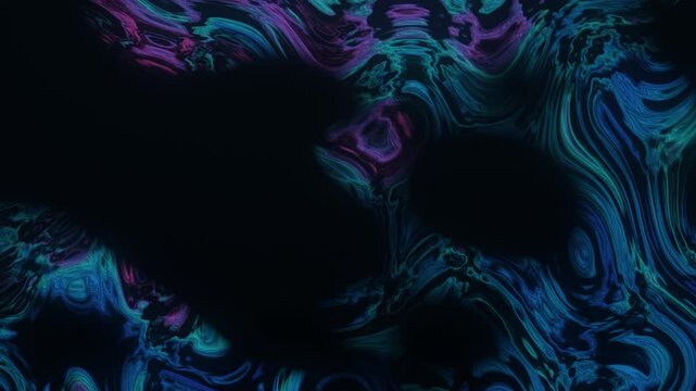 Abstract psychedelic liquid swirls in neon pink, teal, blue and violet flowing in a marbled pattern while big dark shadows drift across, revealing and hiding the colors in a smooth loop